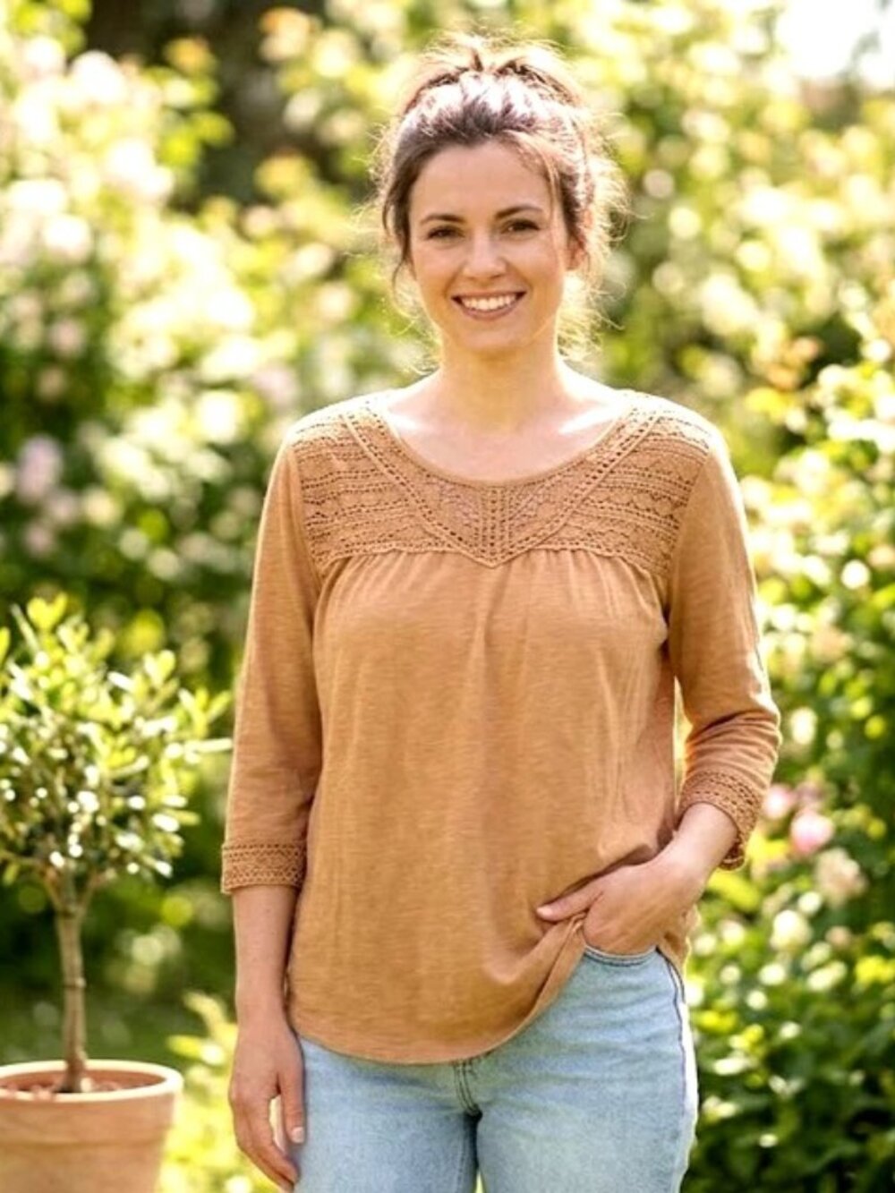 2 Hannah Boho womens tops 3/4 Sleeve Crochet Trim Lot of 2 Size L